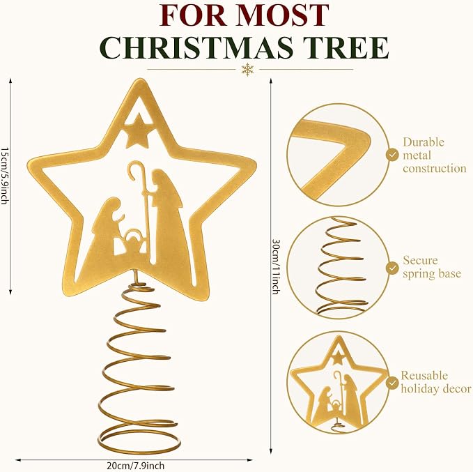 Nativity Christmas Tree Topper, Metal Star With Nativity Scene Design