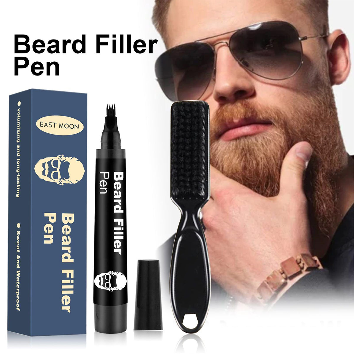EAST MOON Beard Filling Pen With Comb, Deep Brown, 2-Piece Set