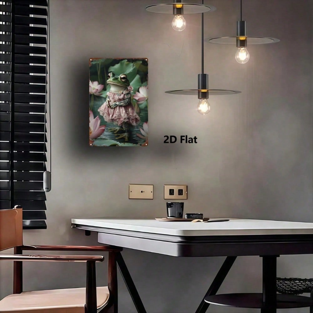 Frog Lady Tin Sign 8x12, 2D Flat Metal Wall Art Lotus Pond Vintage Decor