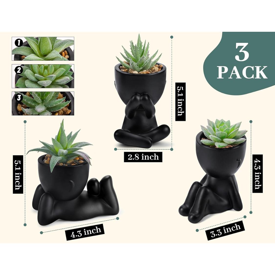 3pcs Fake Succulents Plants Artificial For Black Bathroom Bedroom Home
