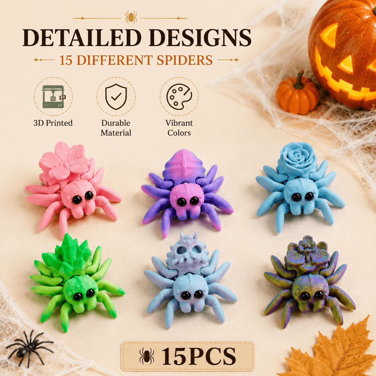 15PCS 3D Printed Mini Spider Figurine Set, Cute Assorted Seasonal Desk