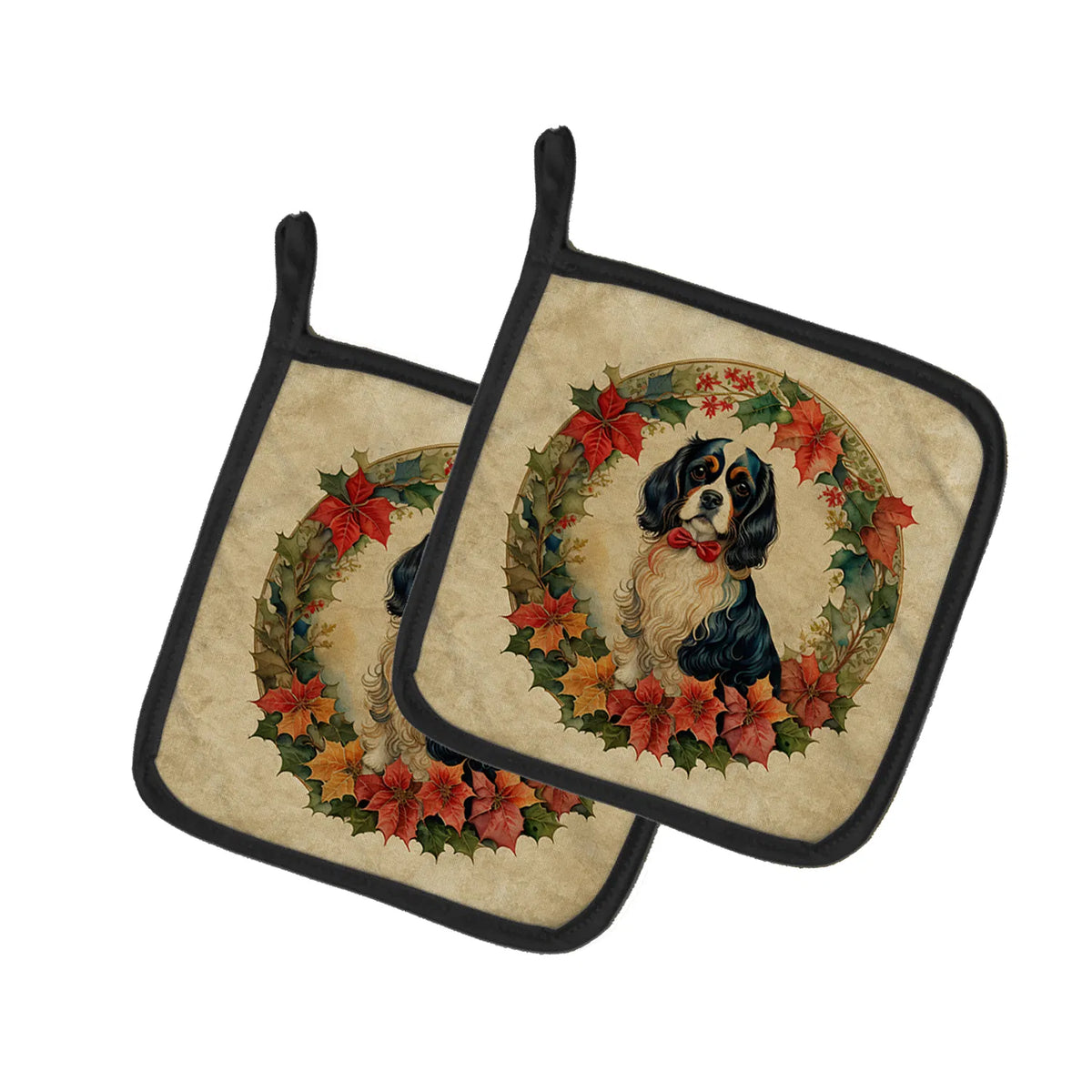 Cavalier Spaniel Christmas Flowers Pair Of Pot Holders Kitchen Heat