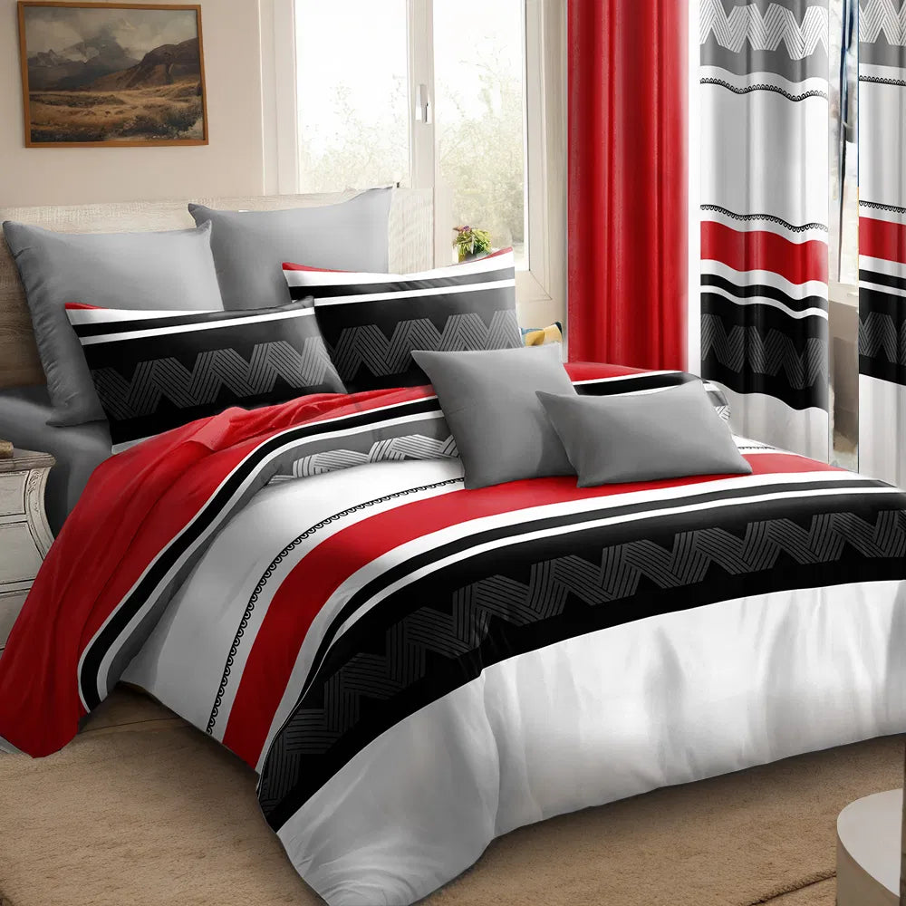 9-Piece Red & Geometric Zigzag Bedding & Curtain Set - Quilted