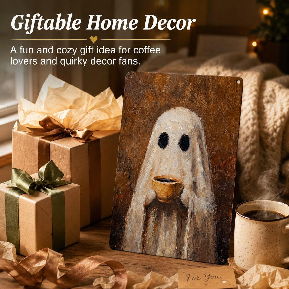 8x12 Inch Funny Ghost Coffee Metal Sign Vintage Halloween Wall Decor