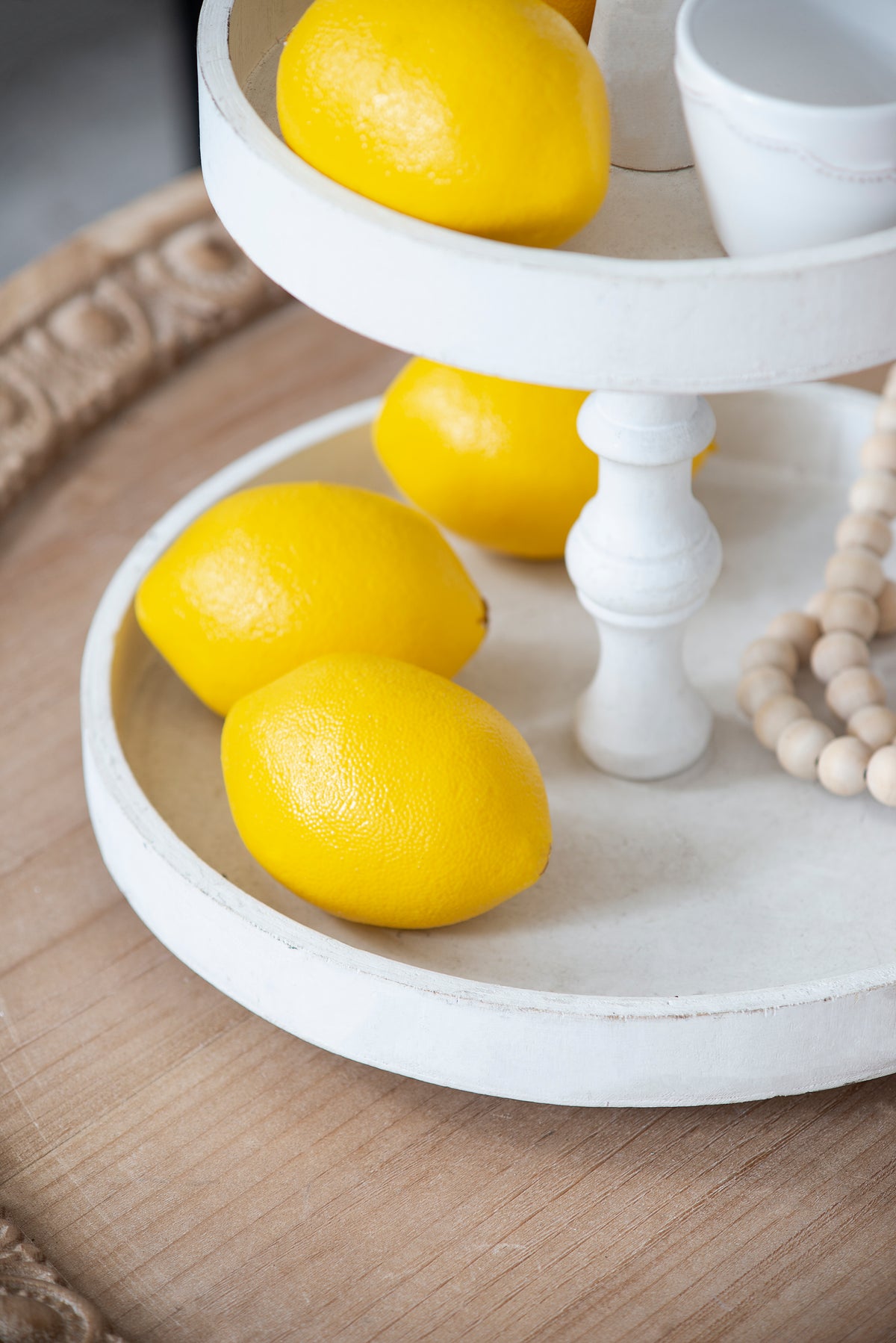 D11.8x15.4 Two- Tiered Round Wooden Tray White