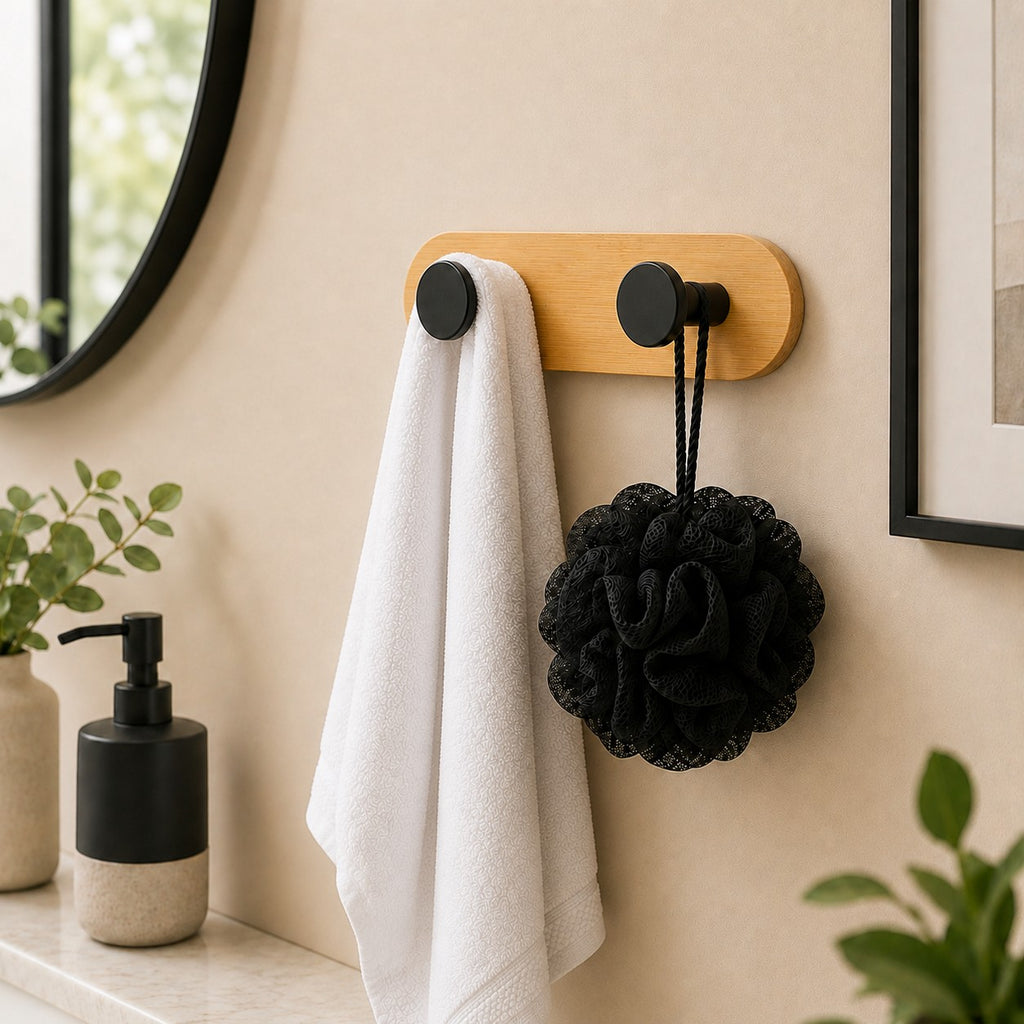 Bamboo Wood Double Round Hook - Black