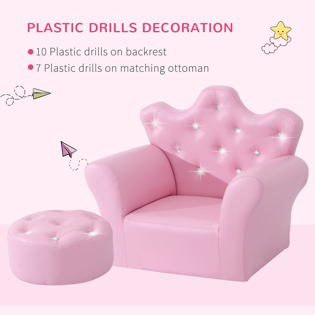 Kids Sofa Set With Footstool, Princess Sofa With Diamond Decoration