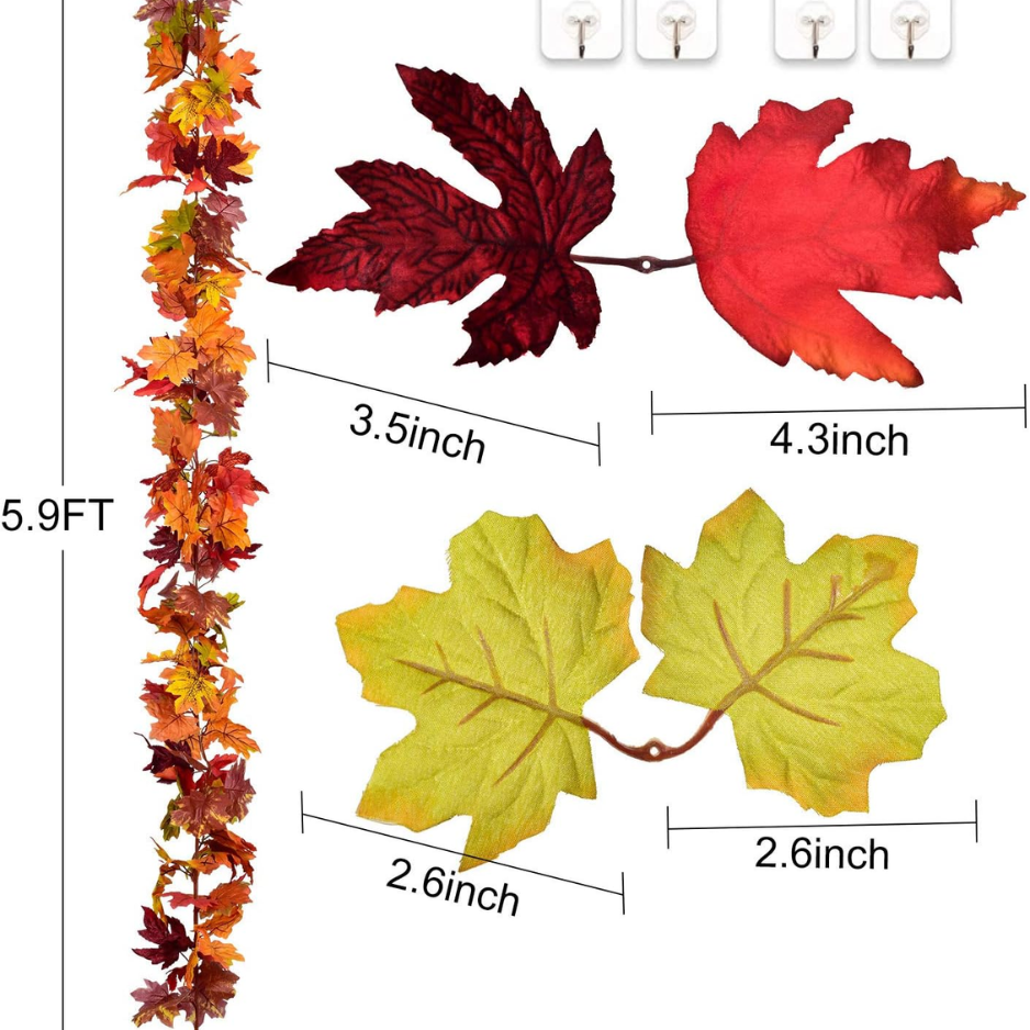 2 Pack 5.9 Ft Artificial Maple Leaf Garland, 7 Color Fall