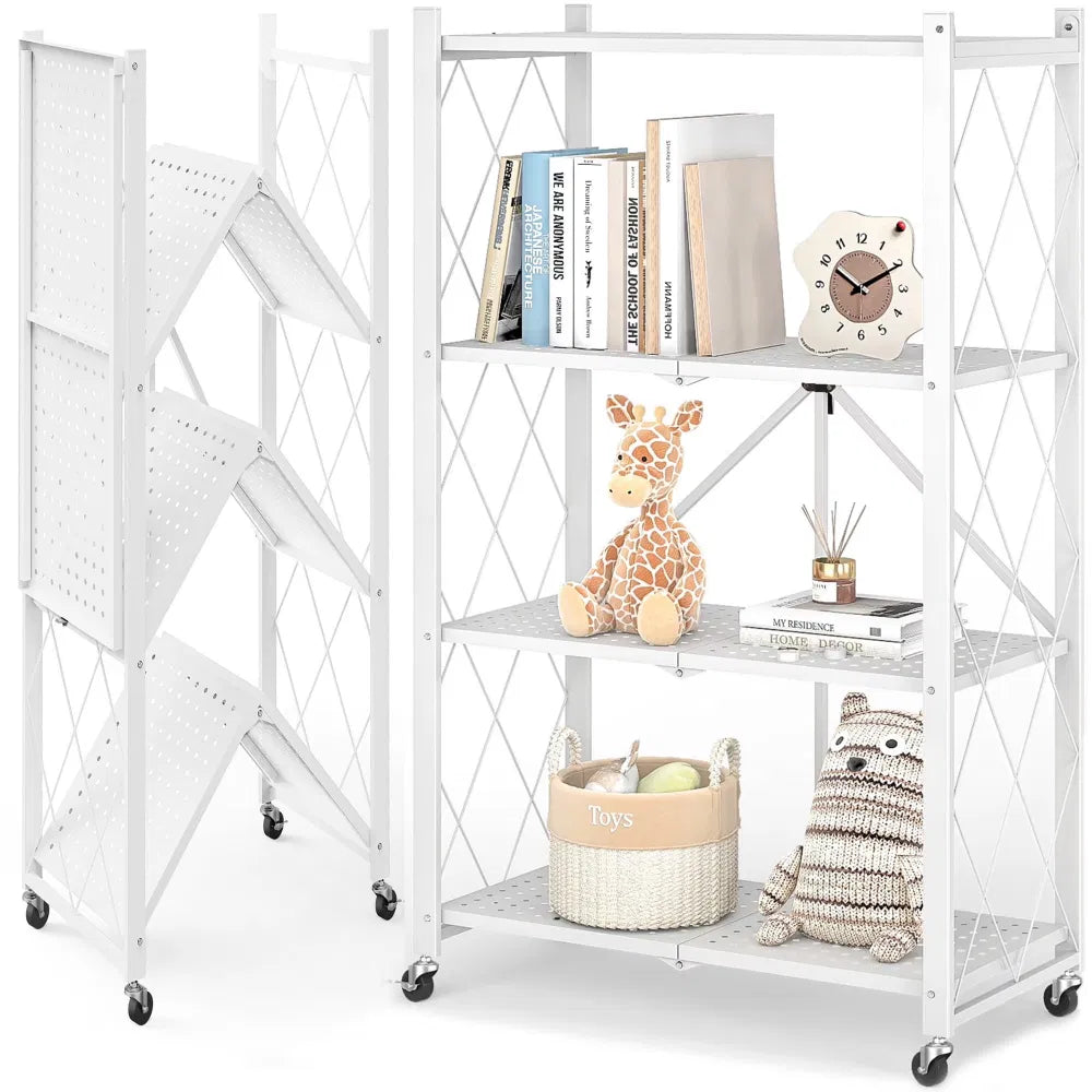4-Tier Foldingstorageshelves With Wheels, Foldable Metal Rack