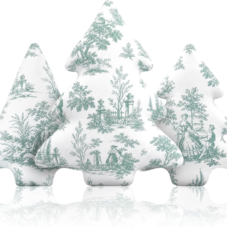 3 Pcs Sage Green Toile Christmas Tree Pillows Vintage Cushion Decor