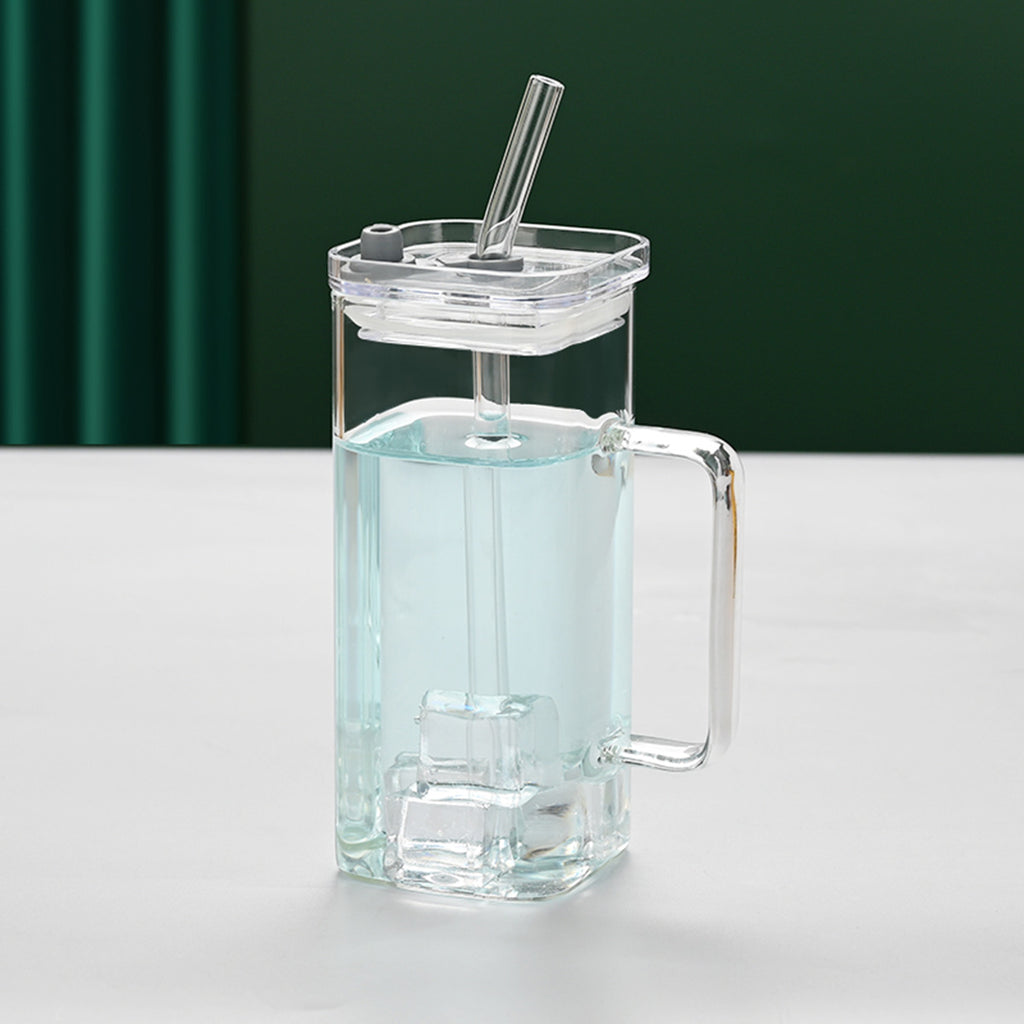 1 Pcs Transparent Glass Straw Cup, 6 Colors Square Glass Cup With Straw