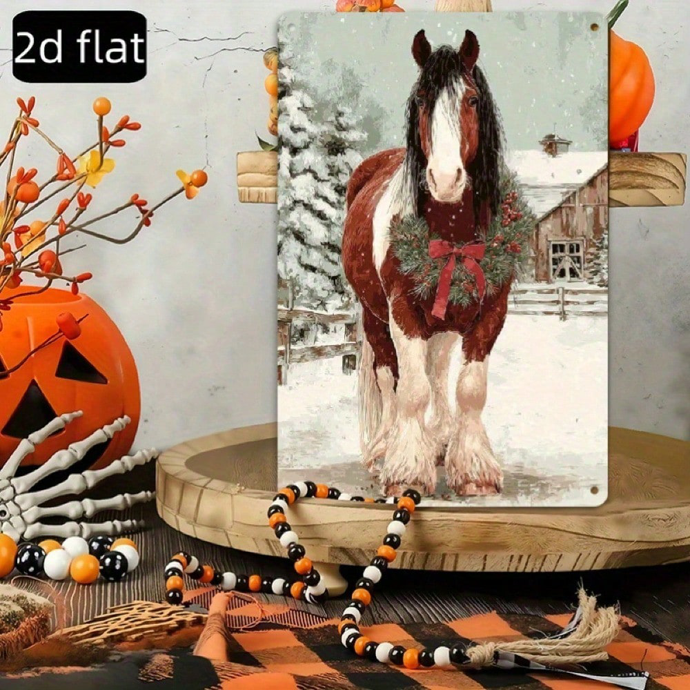 Vintage Christmas Horse Metal Tin Sign 8x12, Rustic Winter Red Ribbon