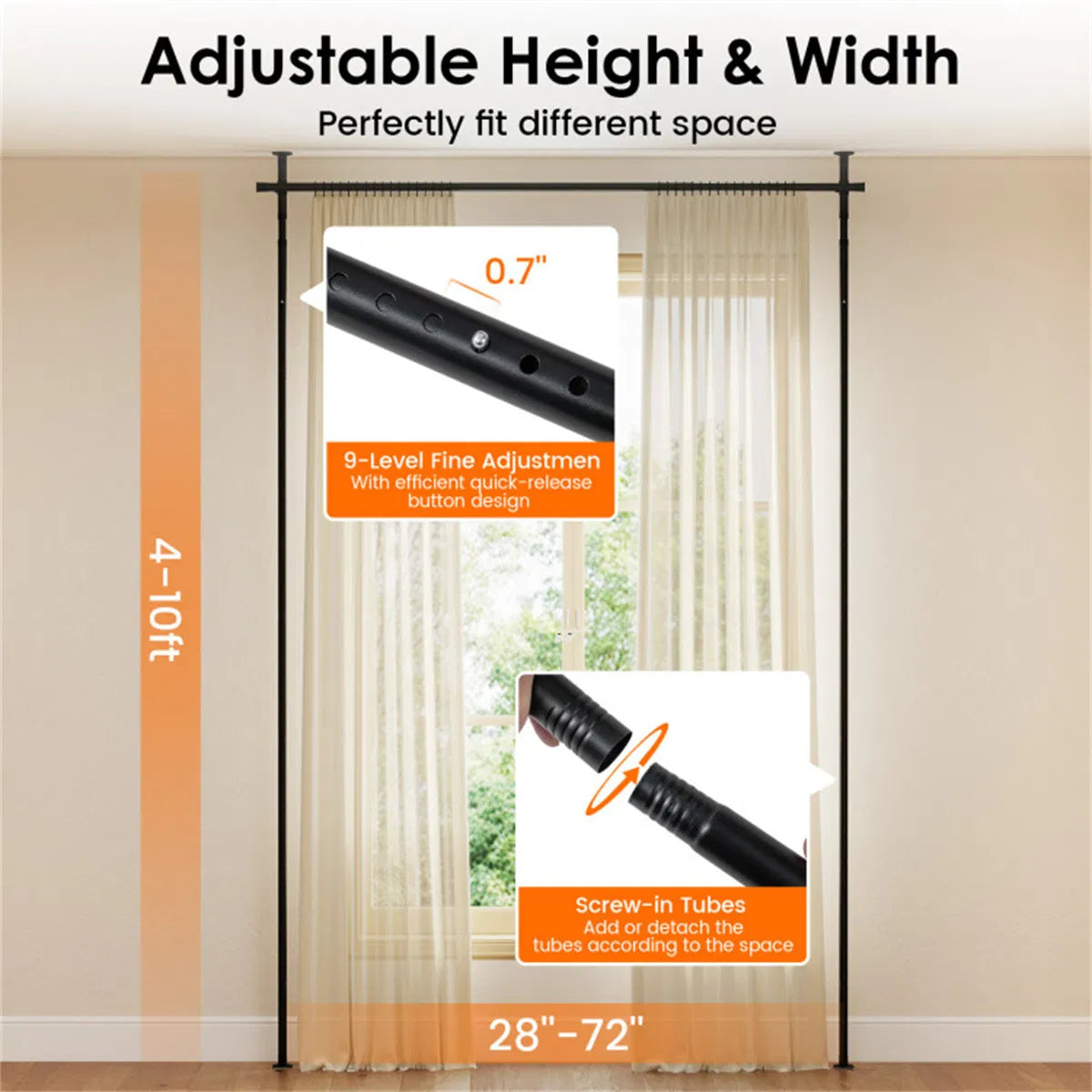Room Divider Curtain Rod, Adjustable 28"-72"W X 4-10 Ft H Heavy-duty