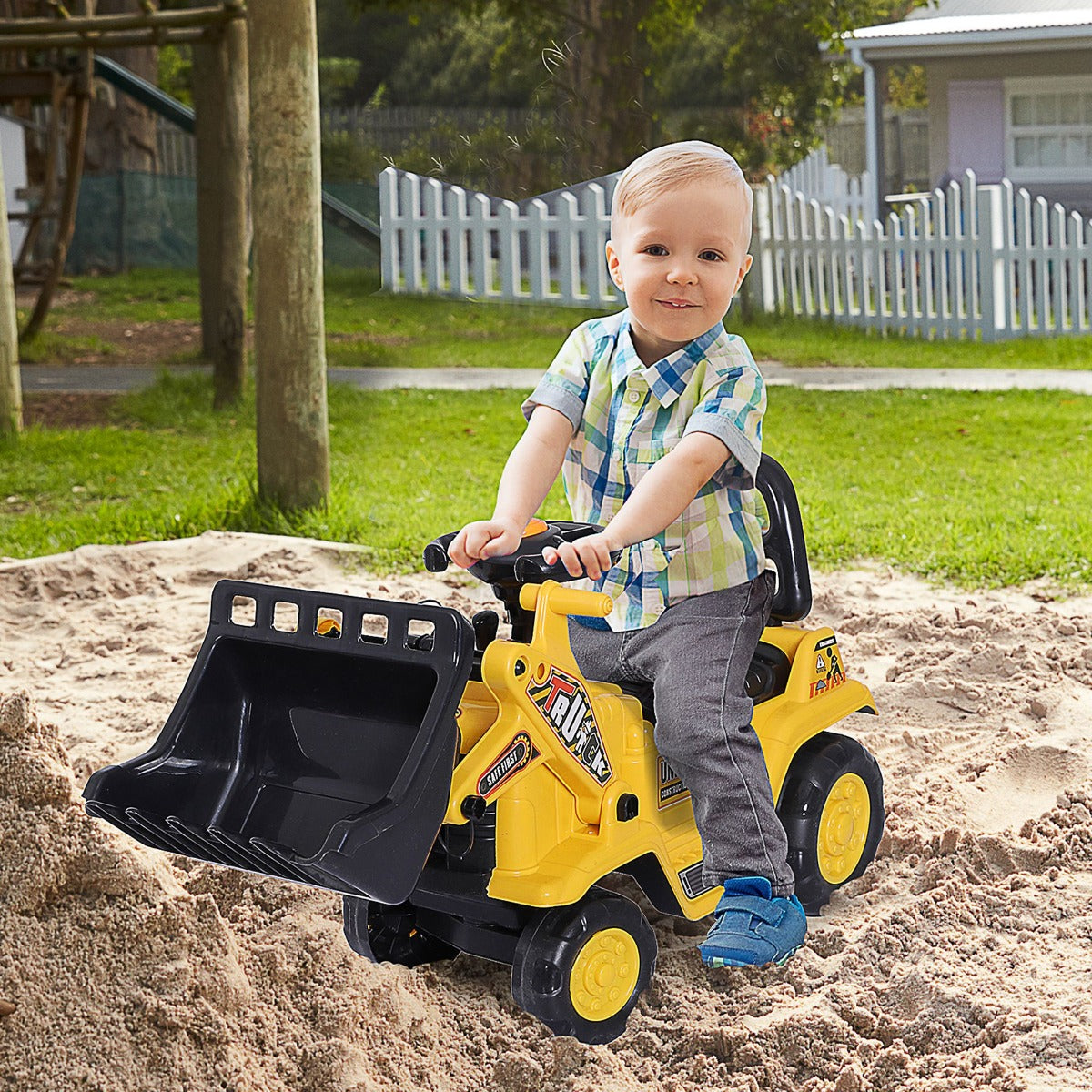 2 In 1 Ride On Toy Digger Tractor Pulling Cart Pretend Play