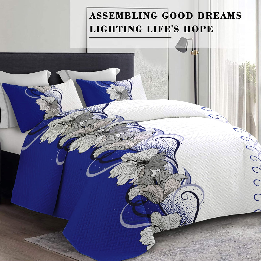 9-Piece Blue And White Lotus Bedspread And Curtain Set For King
