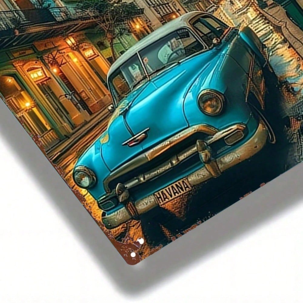 Vintage Blue Car Havana Street Scene Metal Sign, Retro Tin Wall Art 8x12