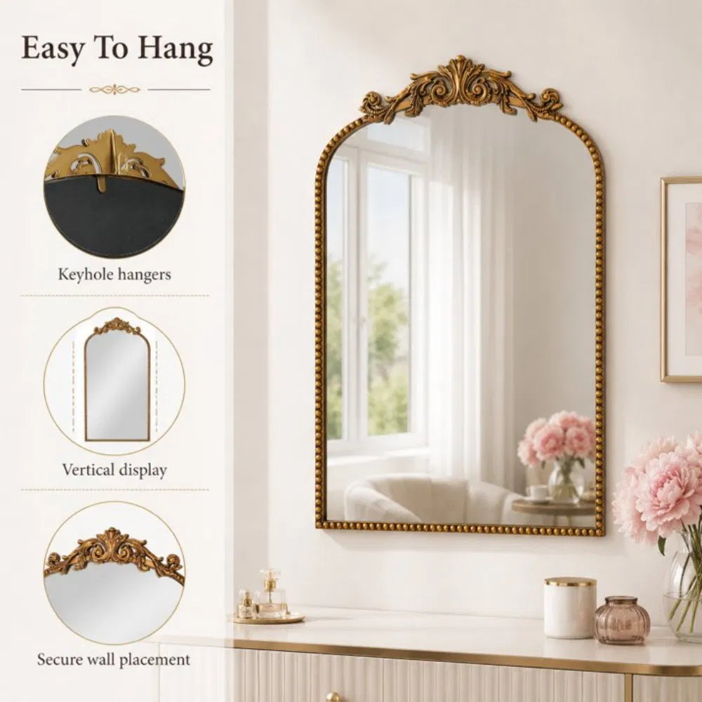 30 X 20 Antique Gold Arch Wall Vanity Mirror, Ornate Vintage Baroque
