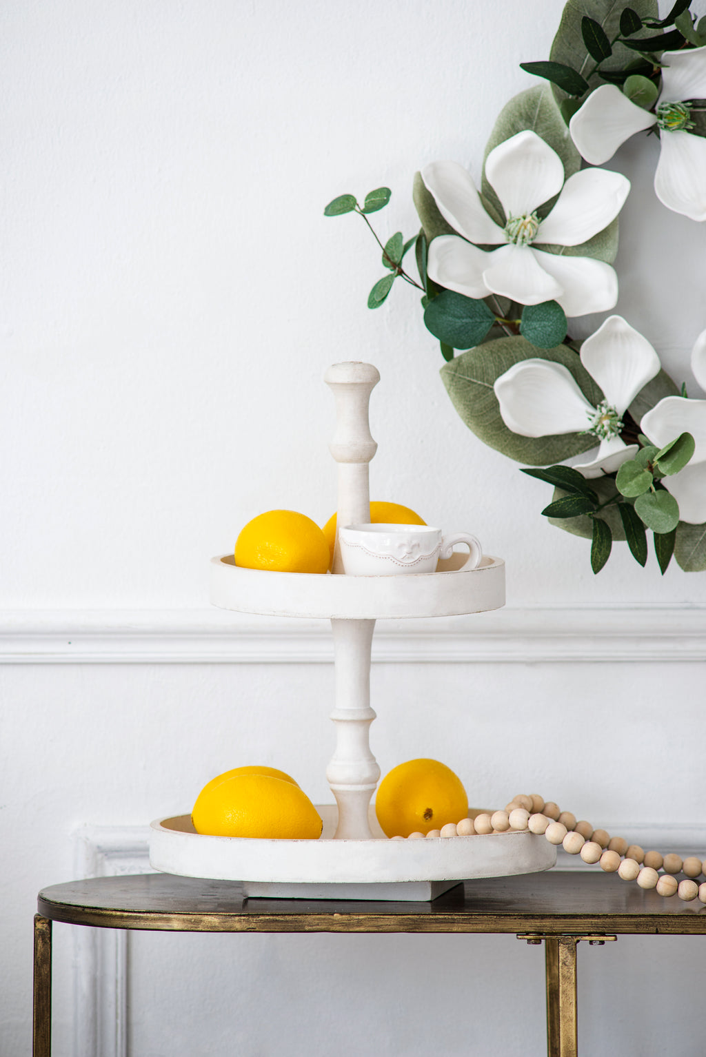 D11.8x15.4 Two- Tiered Round Wooden Tray White