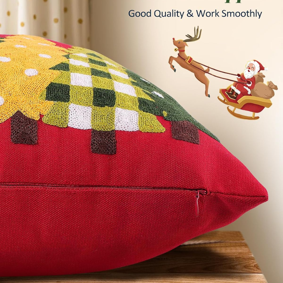 Christmas Embroidered Pillow Cover 18x18 Inch, Red Trees