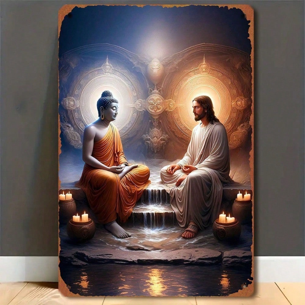 Vintage Metal Wall Art Buddha Jesus 2D Flat, Monastery Scene Religious