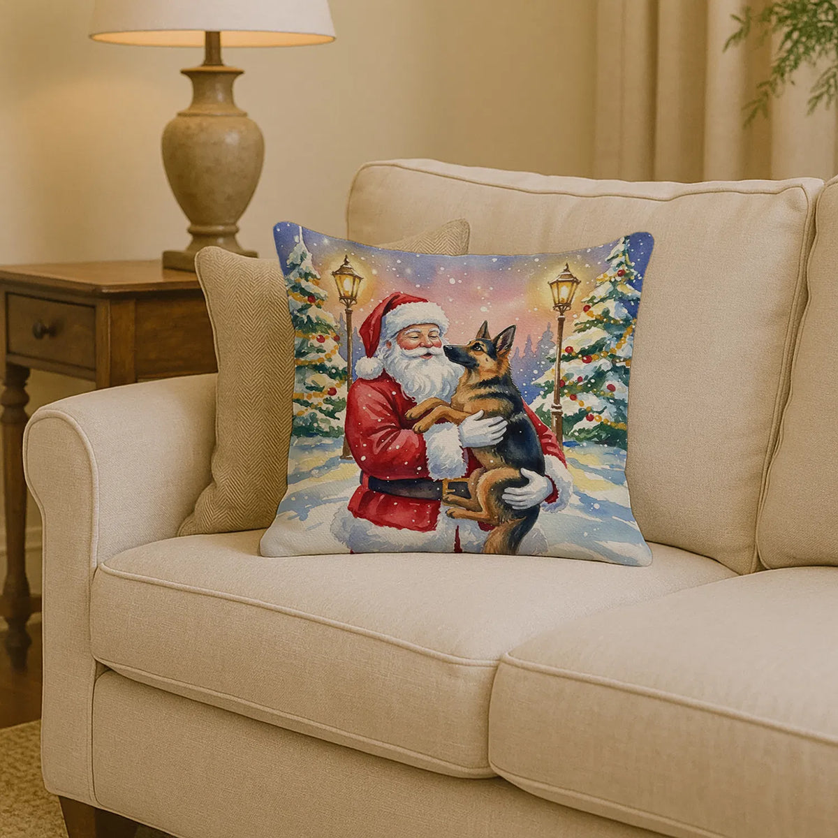 German Shepherd With Santa Claus Throw Pillow Decorative Indoor Outdoor