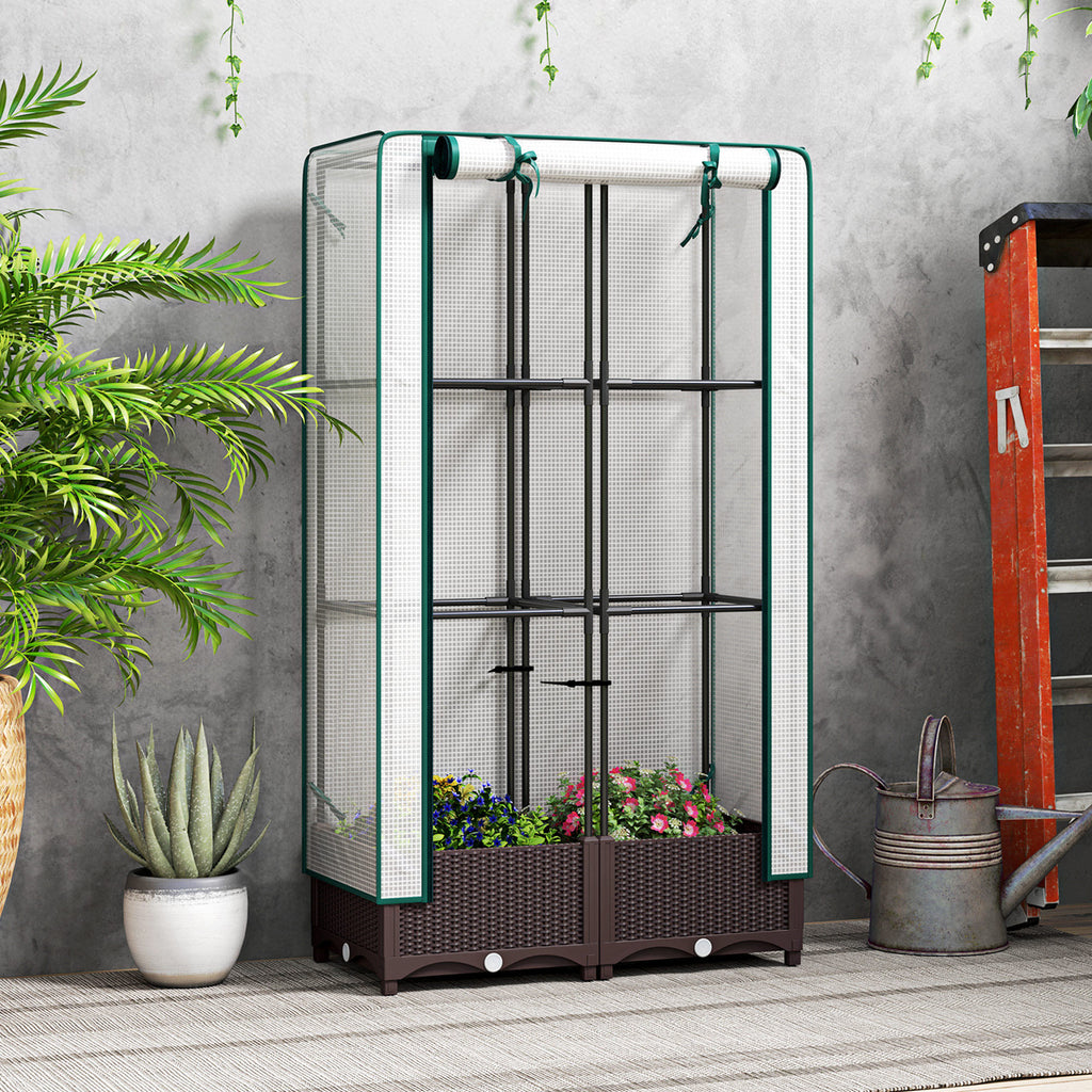 Garden Bed With Trellis, Outdoor Plant Box With PE Cover, Drainage