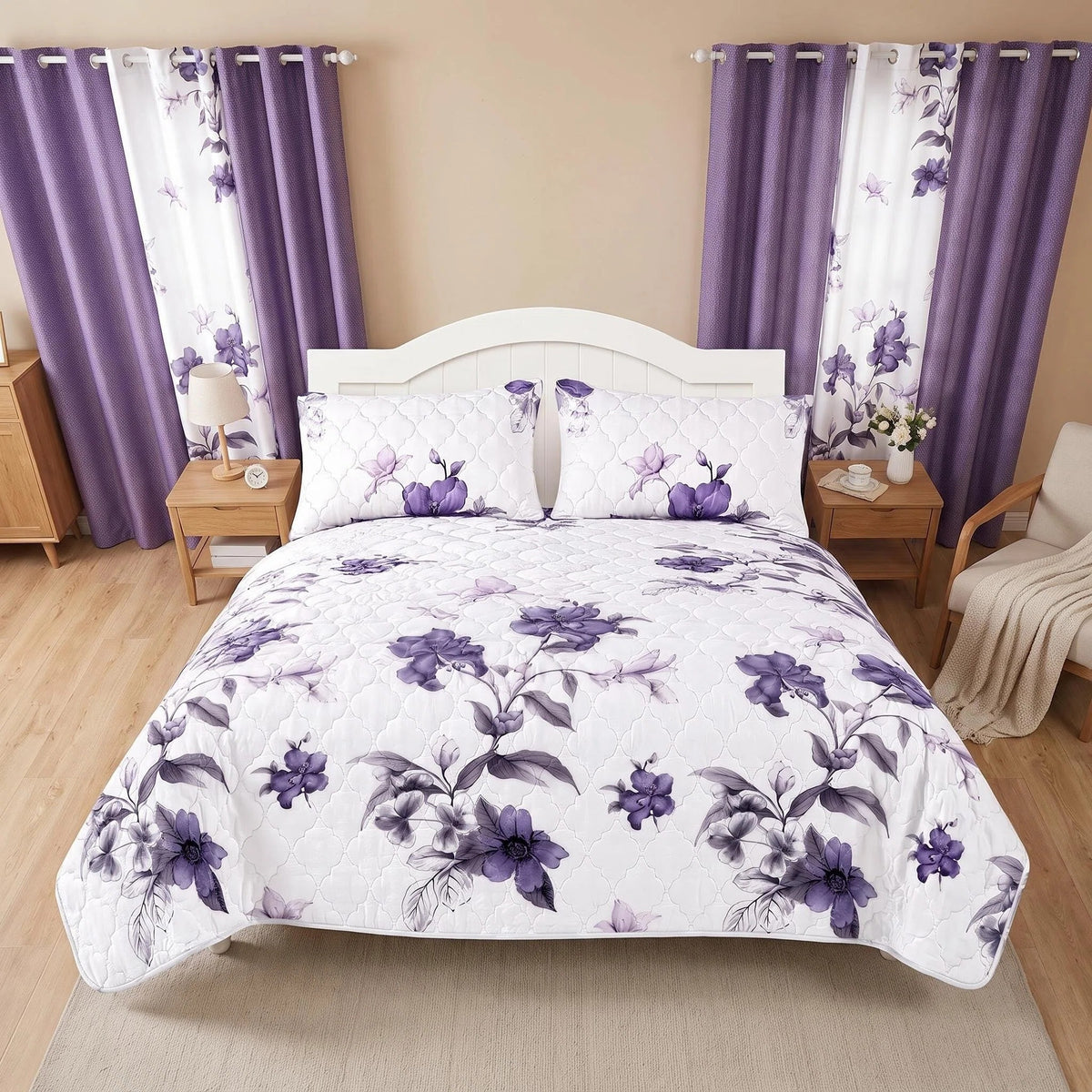 9-Piece Purple Floral Bedspread And Curtain Set For California King