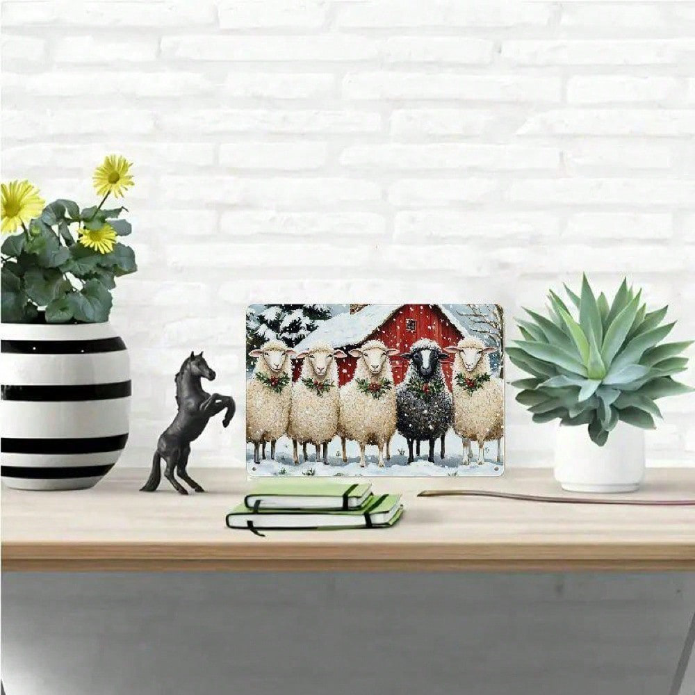 Christmas Red House Sheep Metal Iron Sign, Rustic Winter Snow Wall