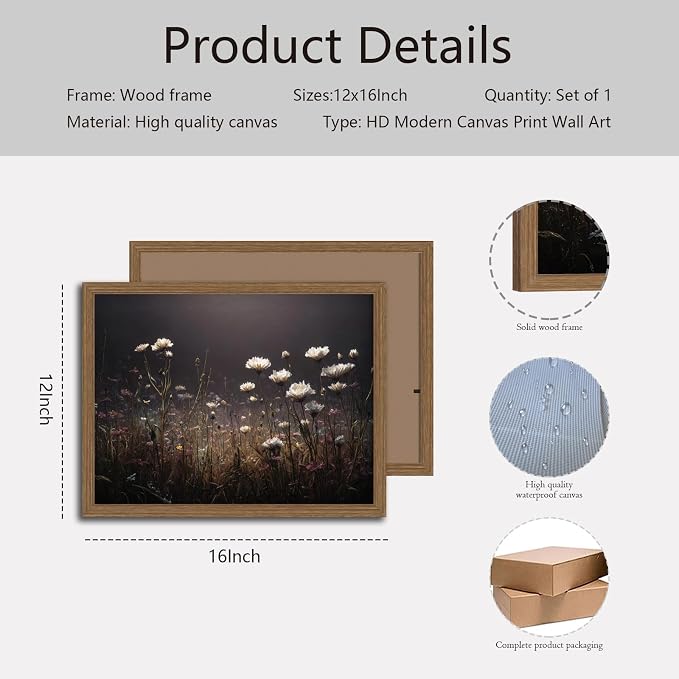 Framed Vintage White Wildflowers Wall Art Moody Fall Floral Landscape