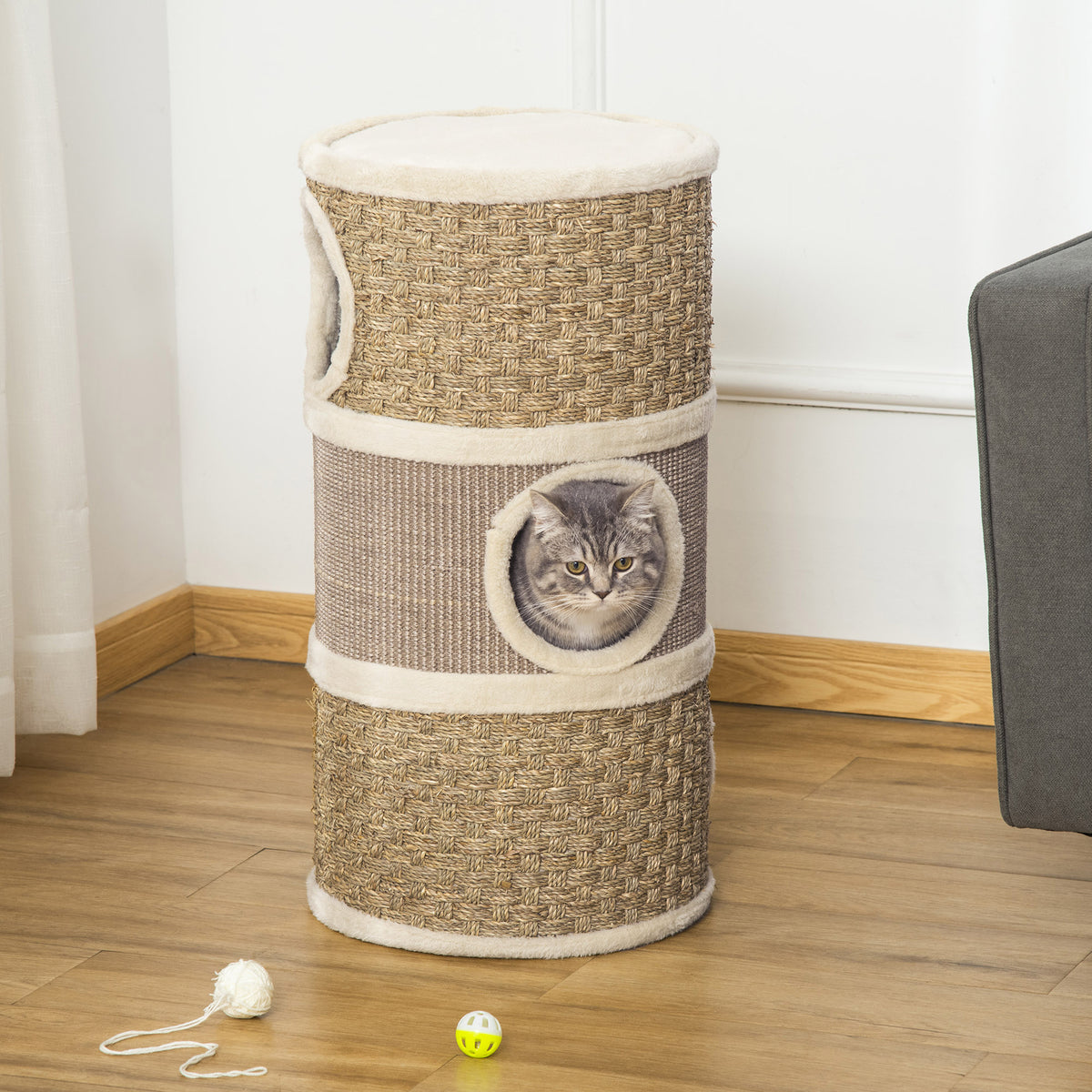 28 Inch Cat Condo, 3 Story Cat Hideaway With Sisal Scratching Pad