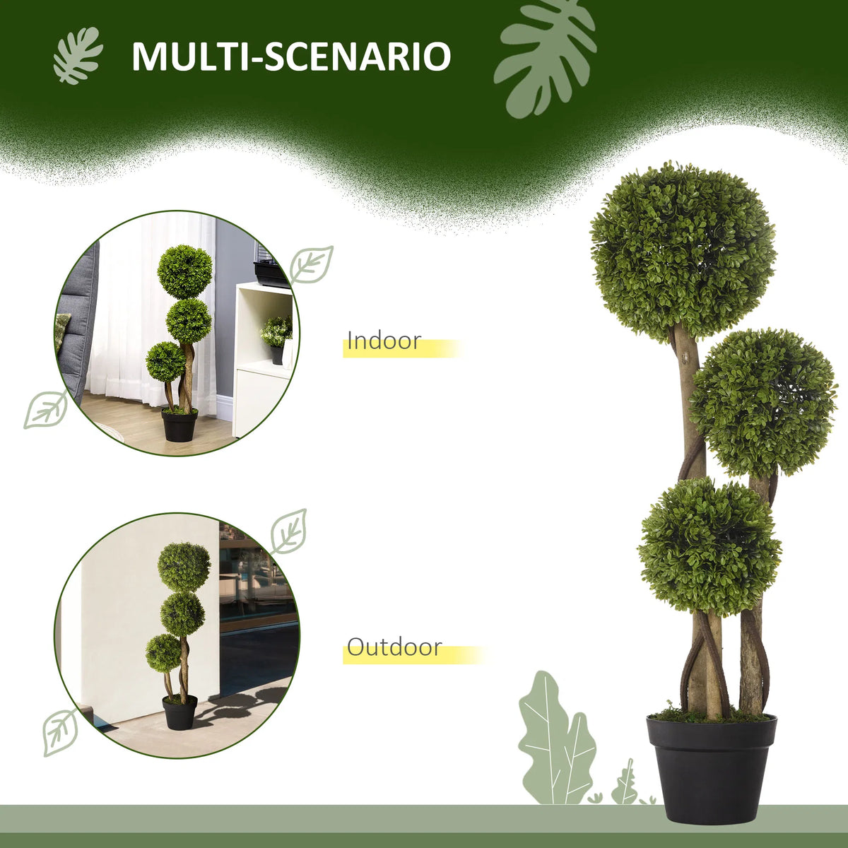 3FT Potted Fake Plant, Artificial Boxwood Topiary Tree, Triple Ball