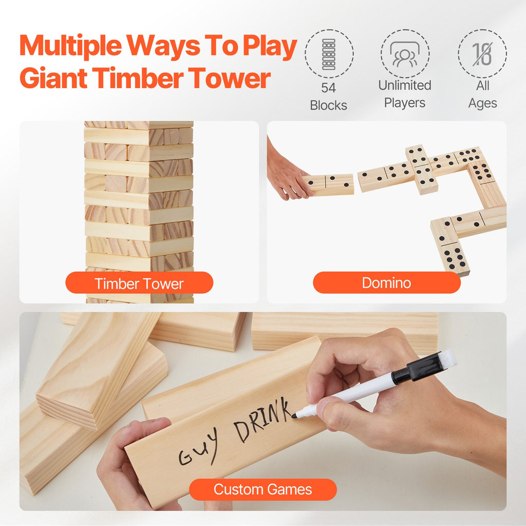 Tumbling Timber Toy, 54 Blocks Tumble Tower Blocks Game, Pine Wood