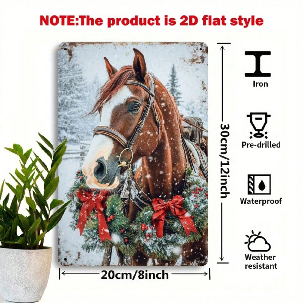 Christmas Horse Metal Wall Decor, Iron Hanging Sign Warm Winter 8x12
