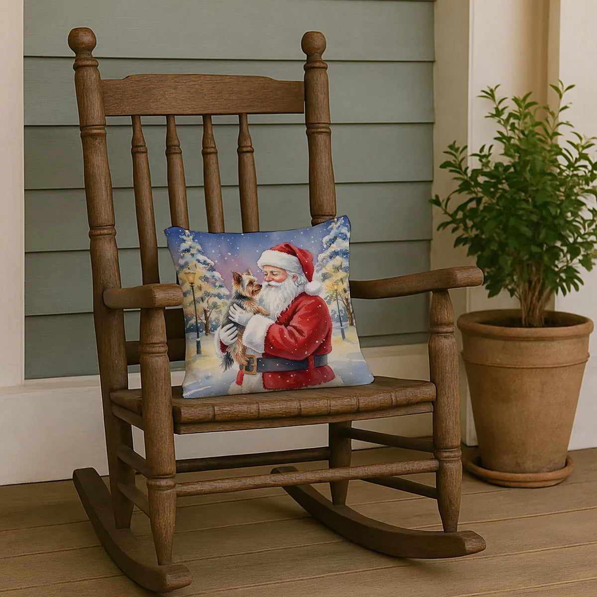 Yorkie With Santa Claus Throw Pillow Decorative Indoor Outdoor Accent