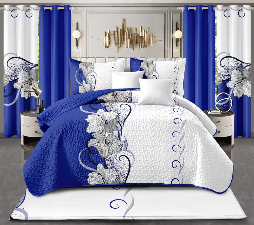 9-Piece Blue And White Lotus Bedspread And Curtain Set For King