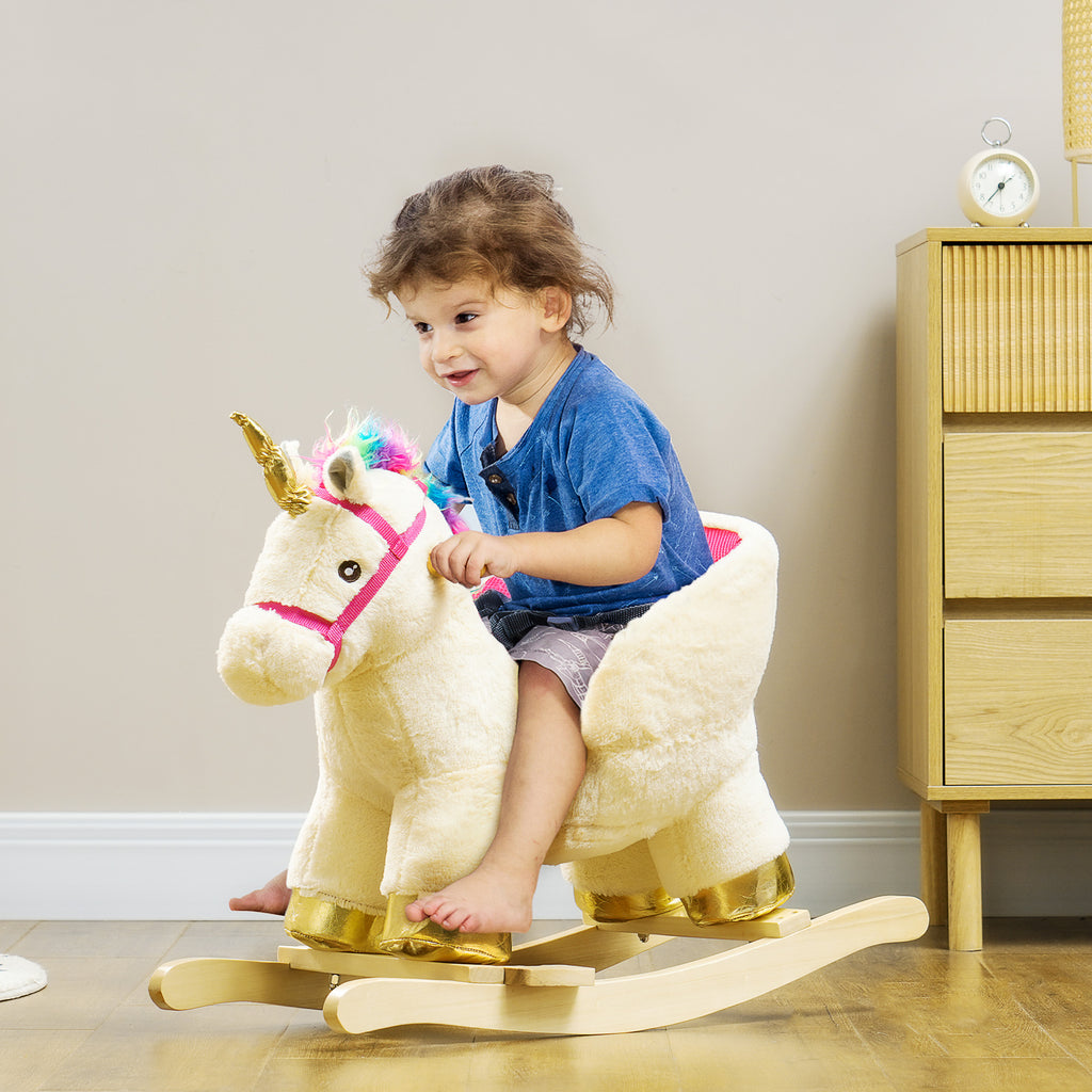 Kids Rocking Horse, Unicorn With Realistic Sound, Safety Belt & Wooden