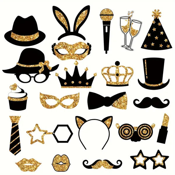 24 Pcs Party Photo Booth Props Party Picture Pose Supplies Gold