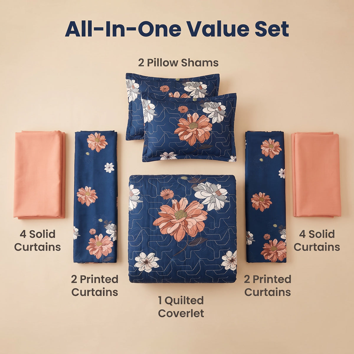 9-Piece Deep Blue And Red Floral Bedspread And Curtain Set, Reversible