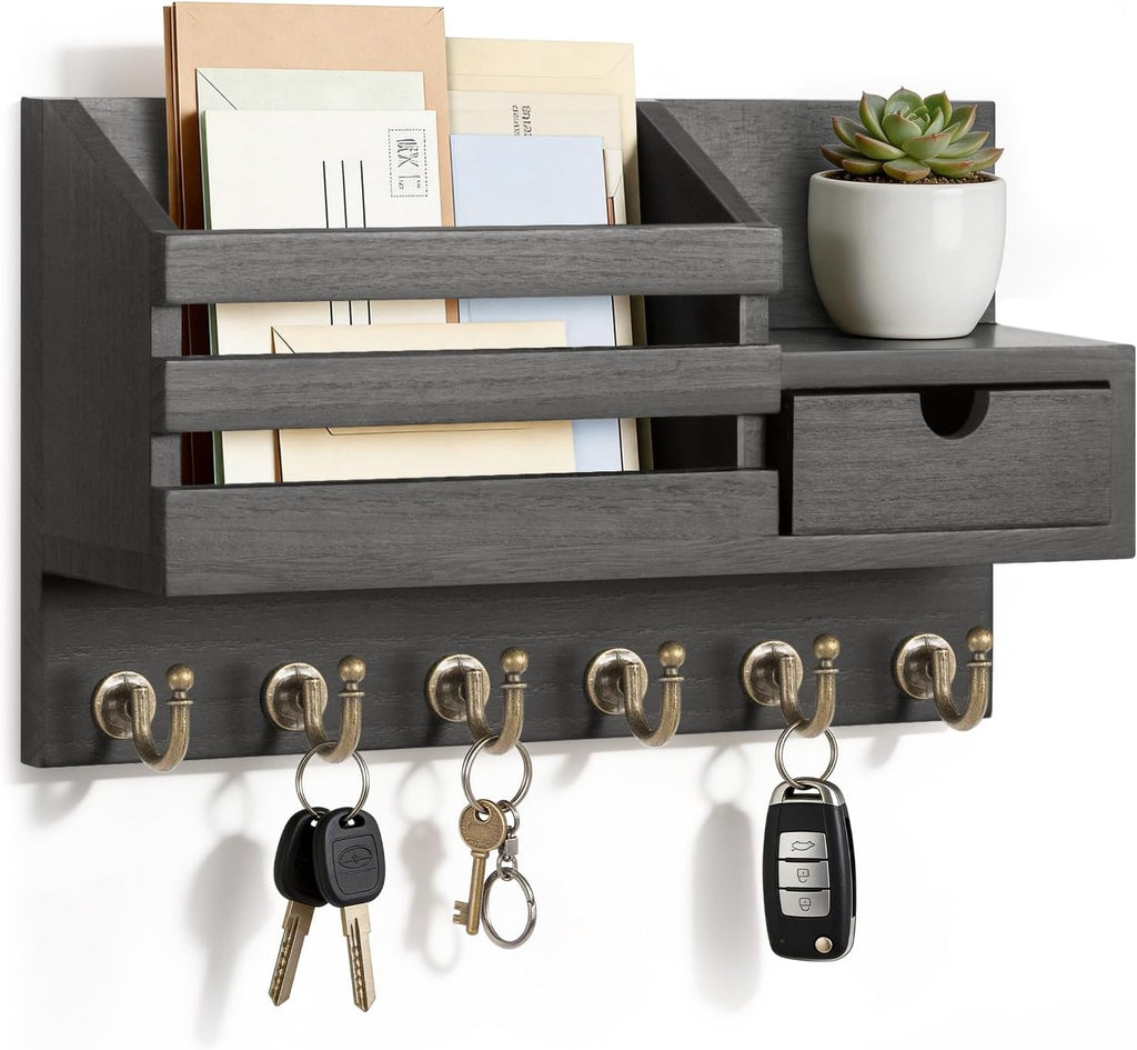 Wall Mount Key Holder With Drawer And 6 Sturdy Hooks, Black Key Rack