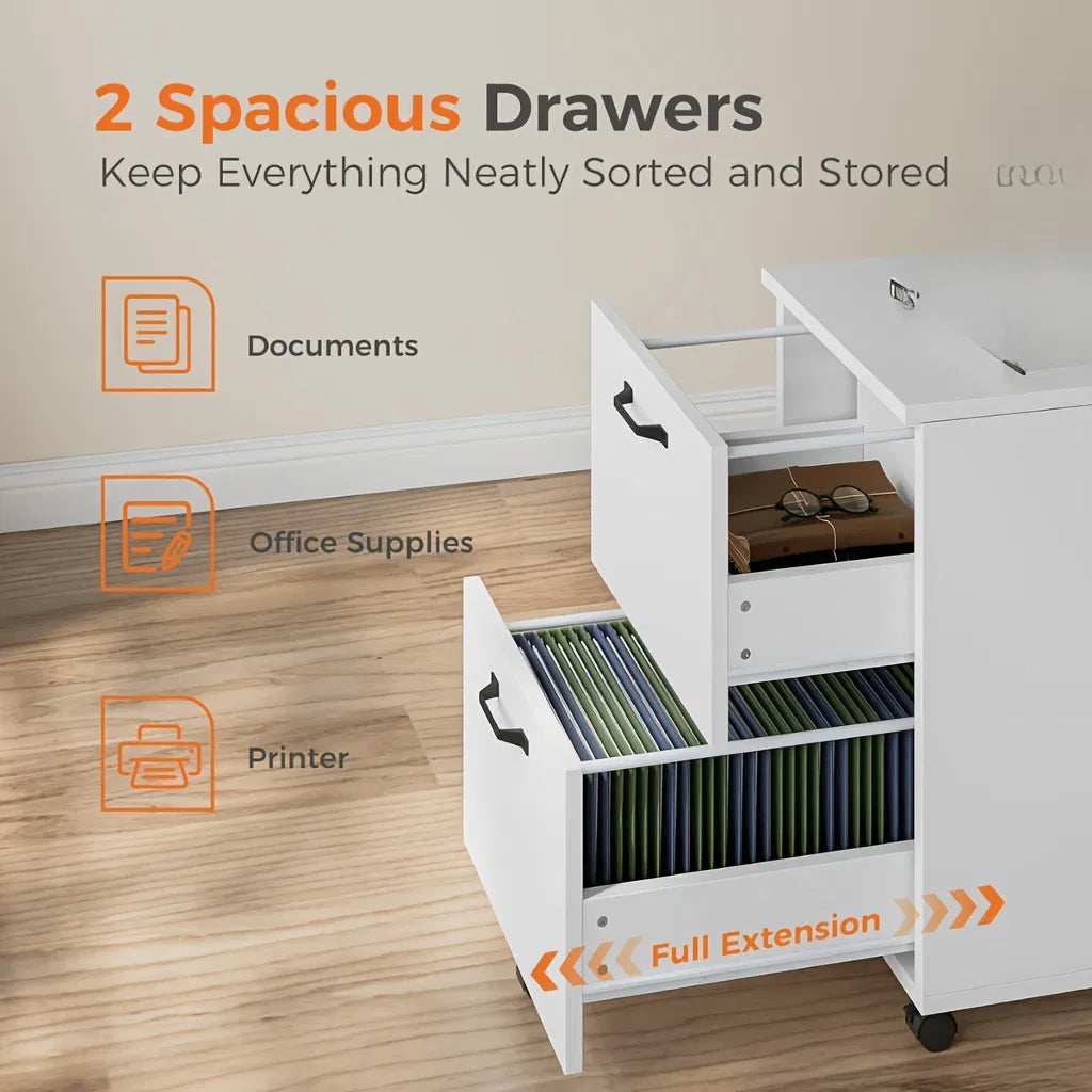 Living Room 2 Drawer Rolling Wood Filing Cabinet With Printer Stand