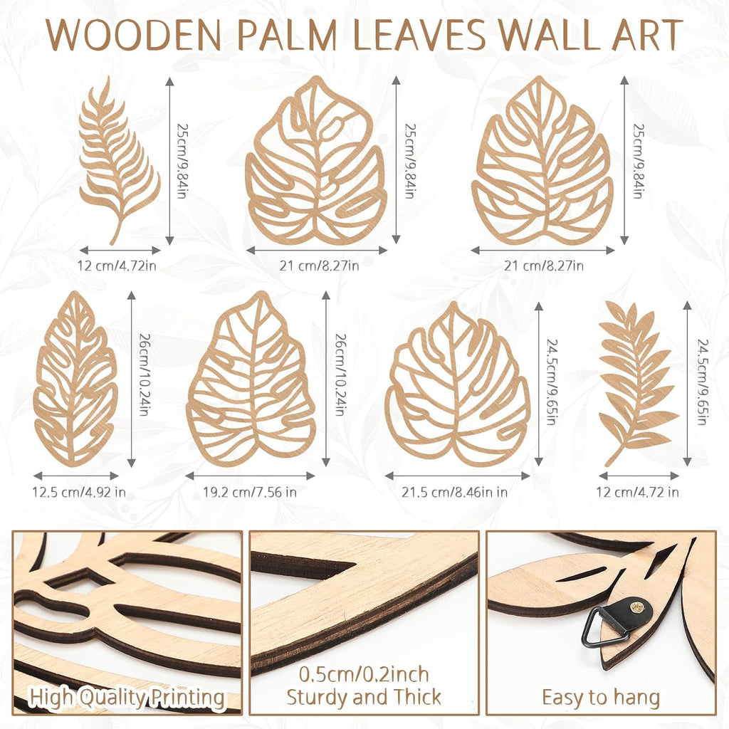 Tropical Wall Decor 7 Units, Wooden Palm Leaf And Monstera Jungle Art