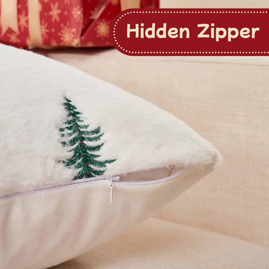 Fluffy Christmas Green Tree Throw Pillow Covers 18x18 Set Of 2