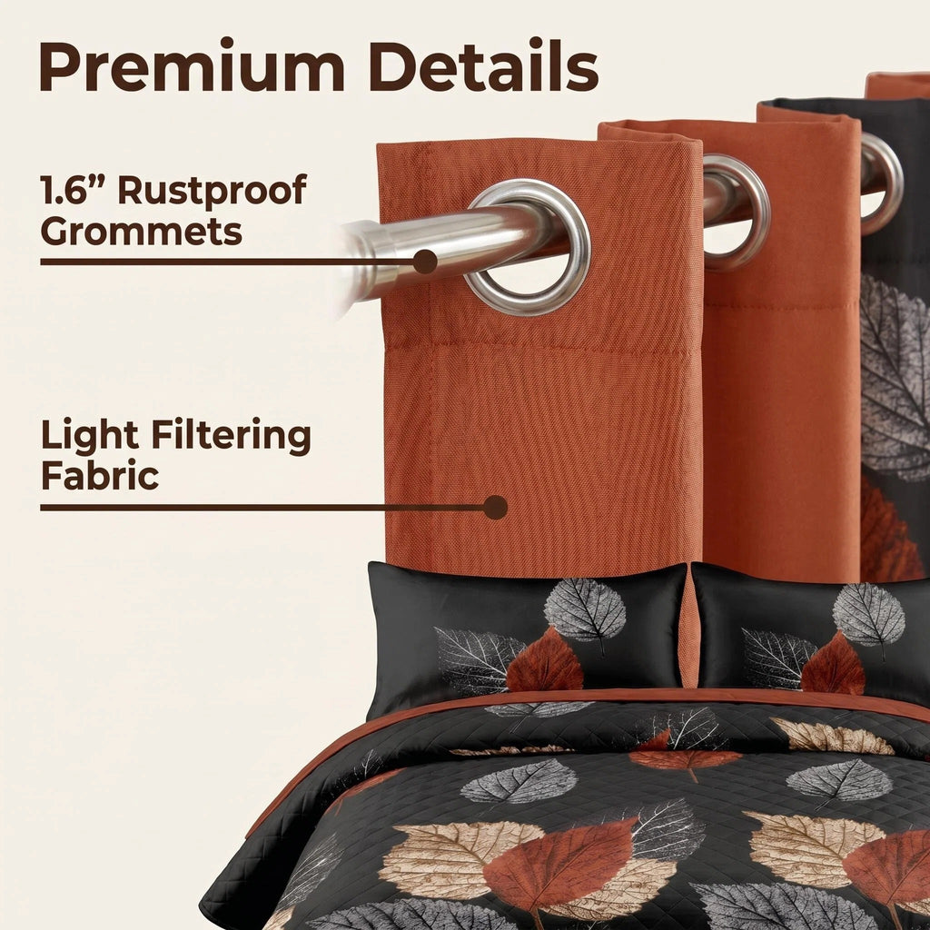 9-Piece Brown And Black Leaf Quilted Bedspread And Curtain Set