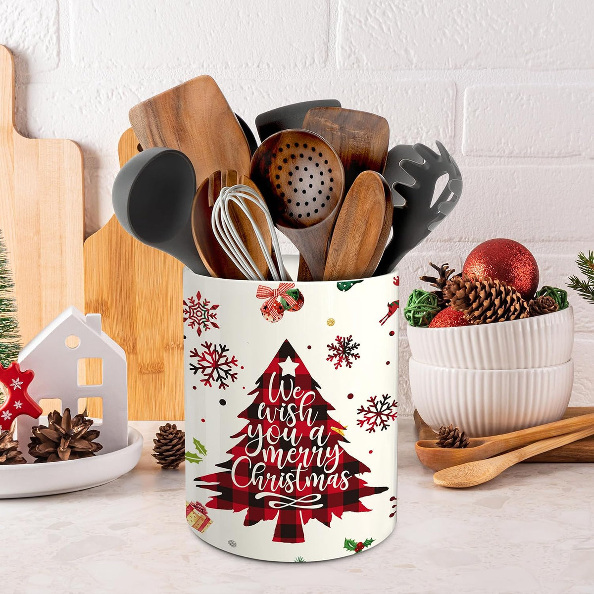 Christmas Kitchen Decor, Christmas Tree Ceramic Utensil Holder, Festive