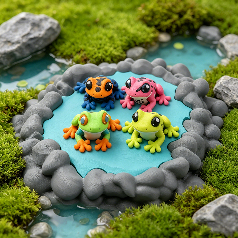 3D Printed 4PCS Colorful Frog Figurines With Pond Display, Articulated