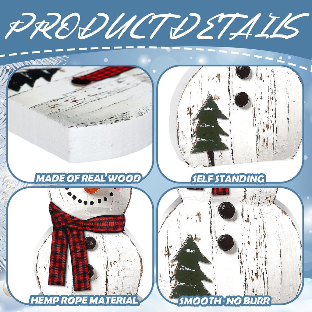 3 Pack Snowman Christmas Decorations, Rustic Wooden Holiday Figurines