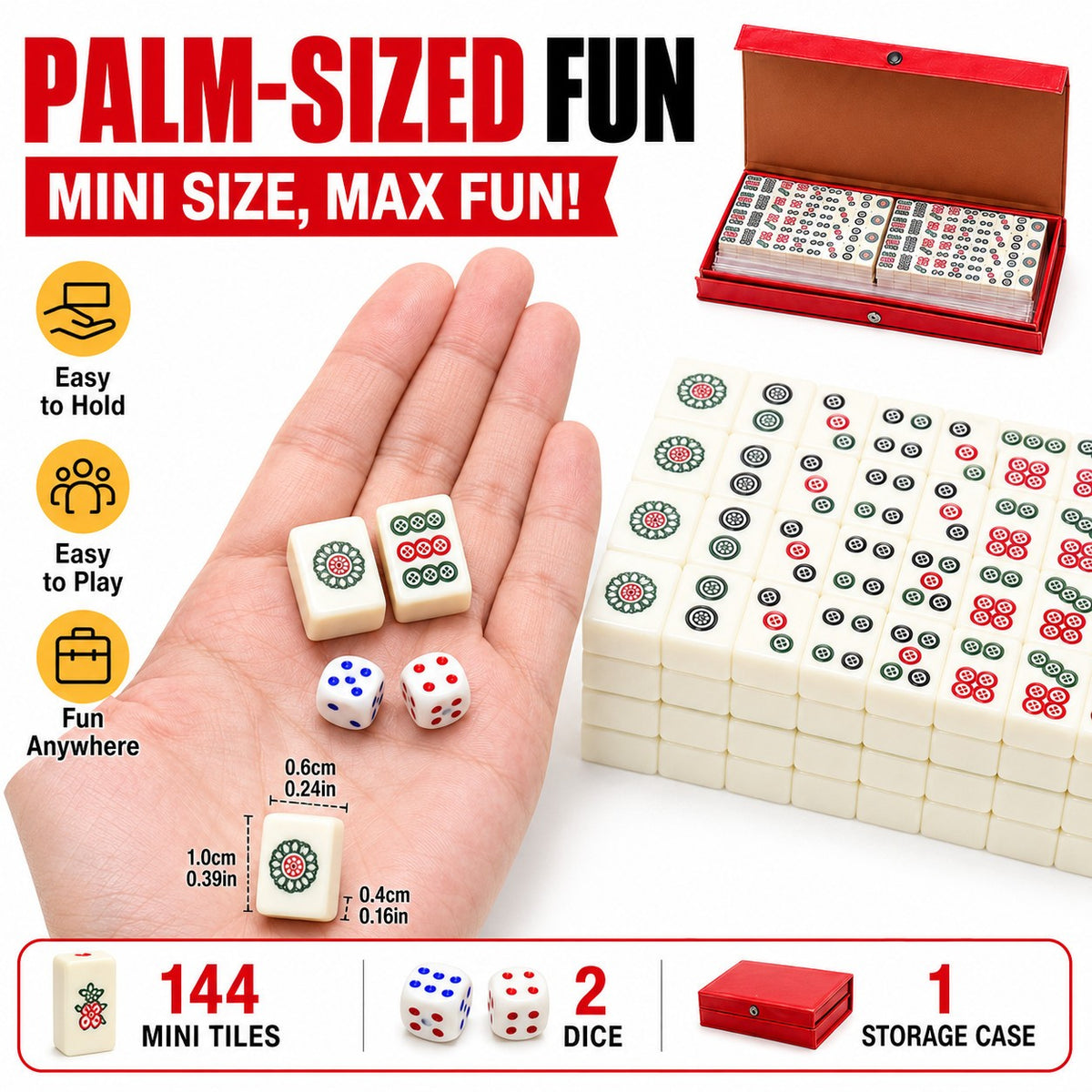 Pocket Mahjong Set 144 Mini Tiles 2 Dice Red Case Family Travel Games