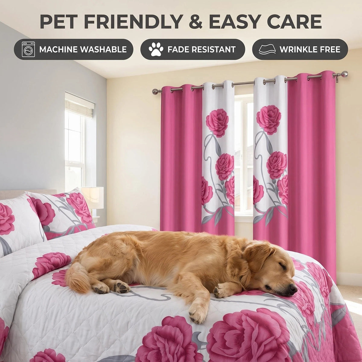 9-Piece Pink And White Rose Bedspread And Curtain Set For Queen And King