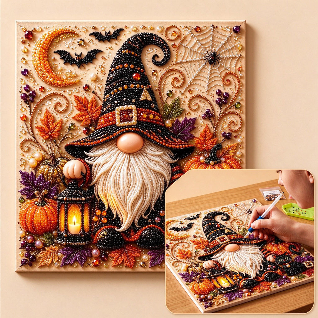 DIY Halloween Pearl Art Kit - Gnome With Lantern, 3D Rhinestone Diamond
