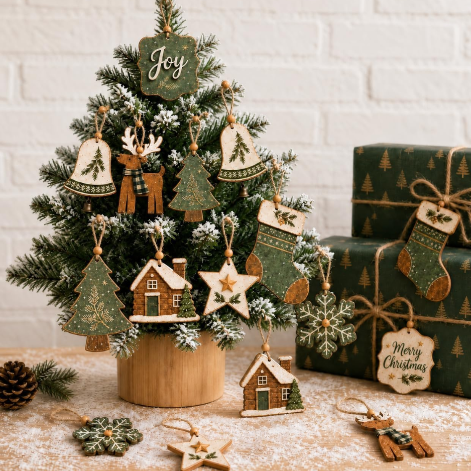 16Pcs Rustic Wooden Christmas Tree Ornaments, Farmhouse Hanging Decor